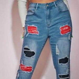 Ladies High Waist Slogan Graphic Contrast Panel Ripped Skinny Jeans 0XL 12
